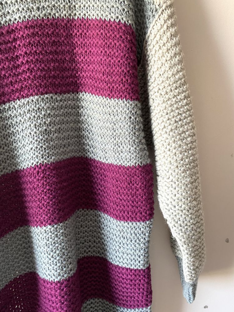 Długi gruby splot wełniany sweter sweterkowa sukienka pasy handmade