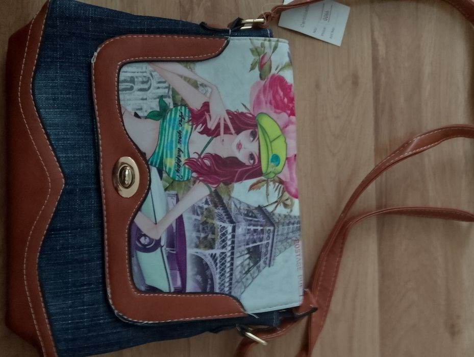 Nowa torebka cross body jeansowa z nadrukowanym motywem