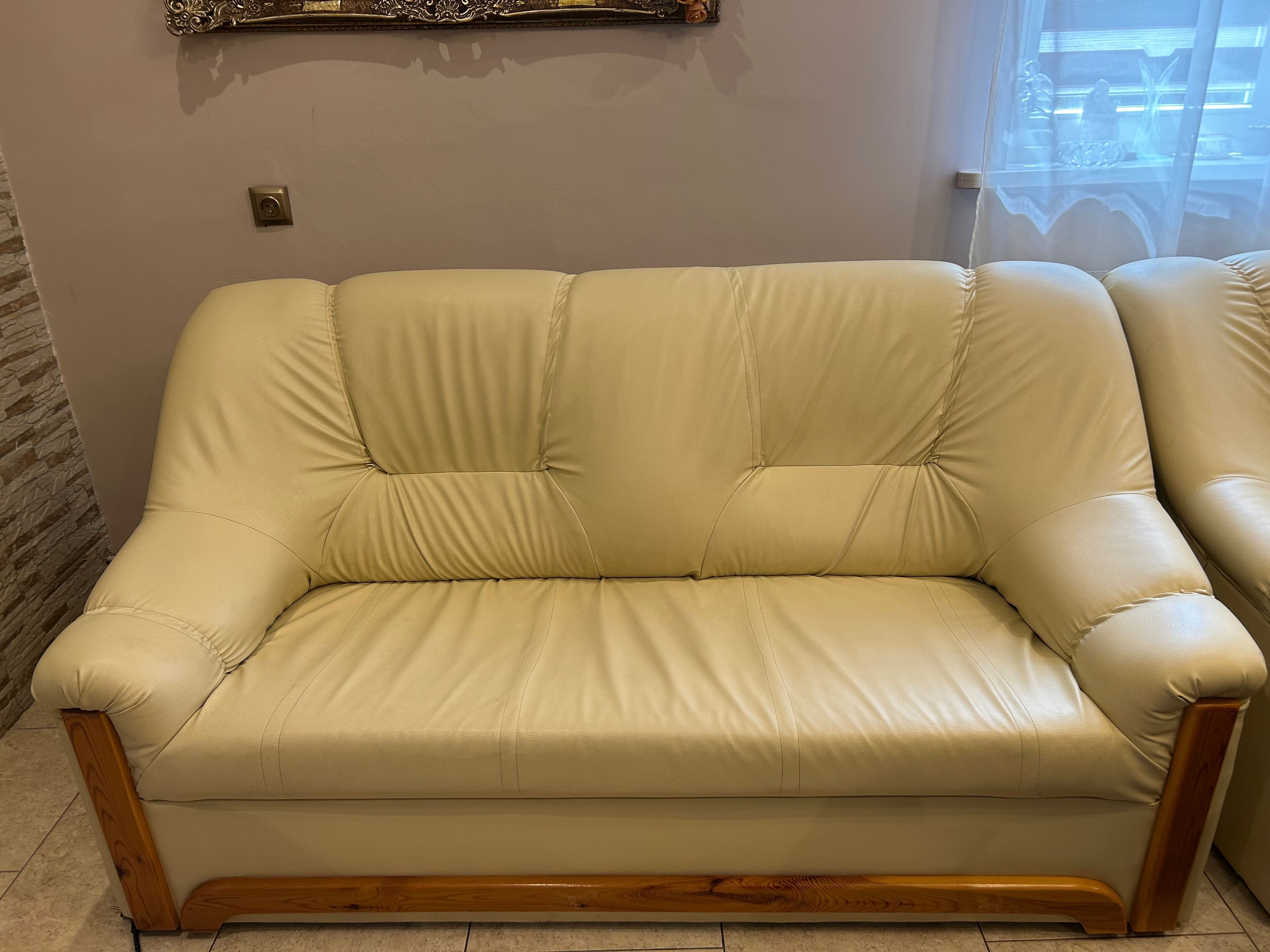 Komplet wypoczynkowy: sofa + 2 fotele, skaj, ecru, bardzo dobry stan!