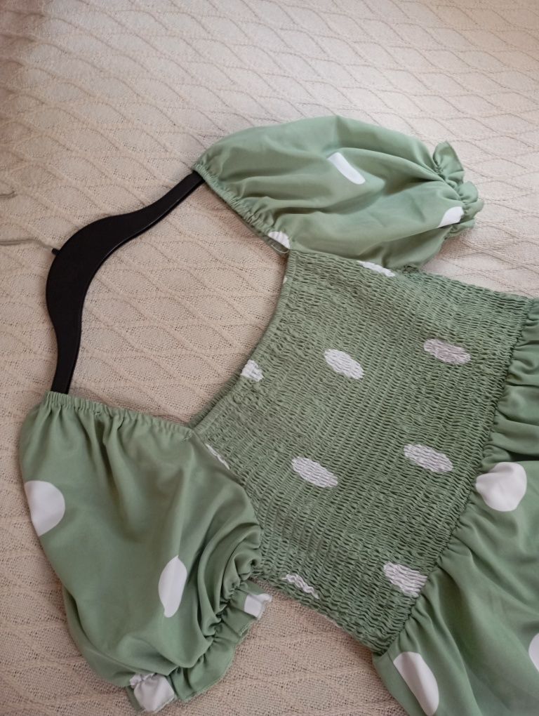 SHEIN M-XL śliczna miętowa sukienka midi w groszki bufiasty rękaw
