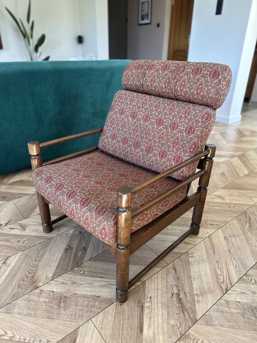 Fotel z PRL niski bardzo ładny stan niski + poduszki lata 70