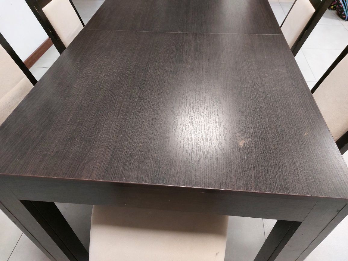 Stół rozkładany 160x90(3 m po rozlozeniu), 6 krzeseł tapicerowanych