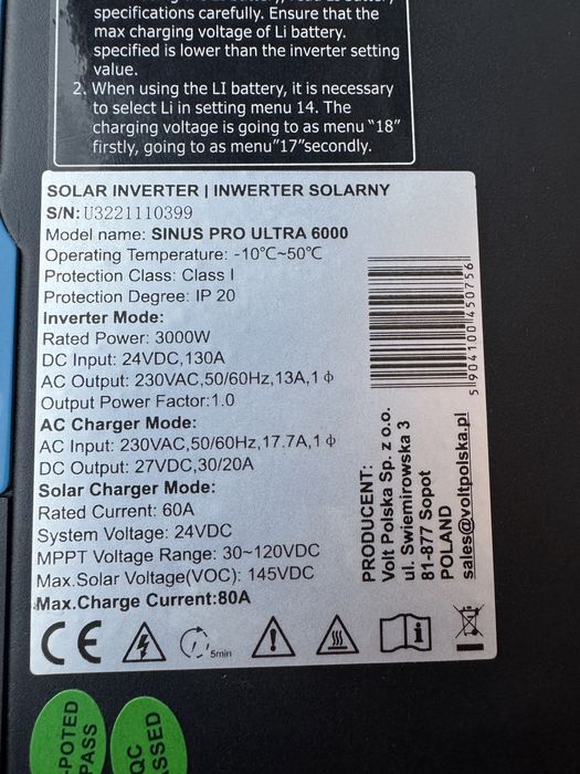 Гібридний Інвертор Volt polska Sinus PRO 6000 + 2 акумулятора 90ah