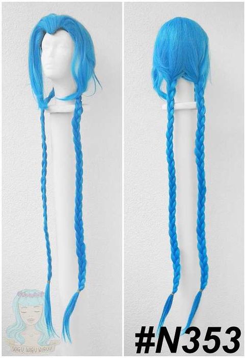 Jinx Arcane długa niebieska peruka z warkoczami warkocze cosplay wig