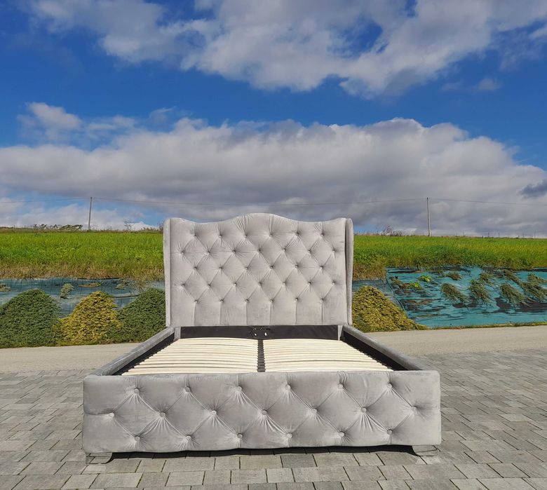 Łóżko JAK NOWE popielate tapicerowane Velvet stelaż 140x200 pojemnik