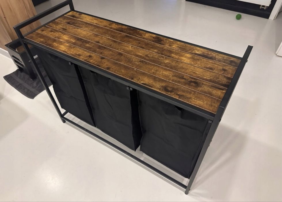 Kosz na pranie 3 przegródki 3x38L z półką – vintage, wolnostojący