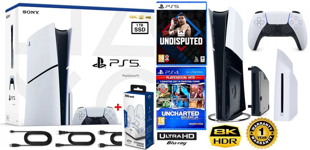 PS5 Slim 1TB 2016 + 2gry + pad Dualsense + ładowarka na 2 pady+ ROK GW