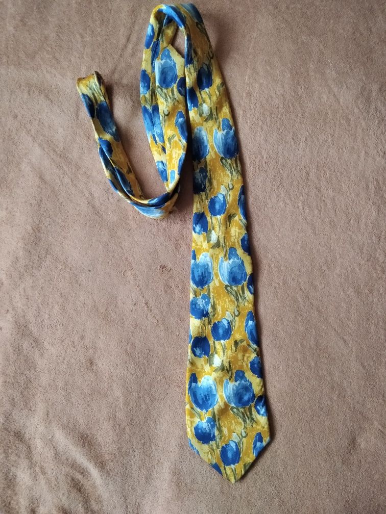 Jedwabny krawat żółty w niebieskie tulipany kwiaty  Brice