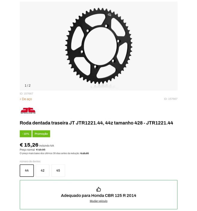 Roda dentada traseira CBR 125 r 14 até 19