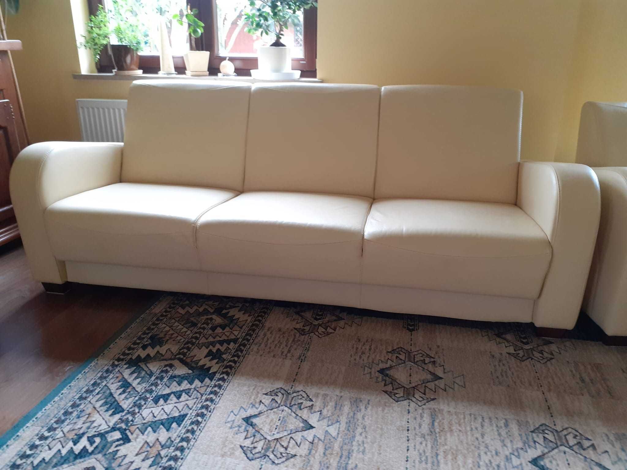 komplet mebli wypoczynkowych - sofa +2 fotele - kremowa skóra