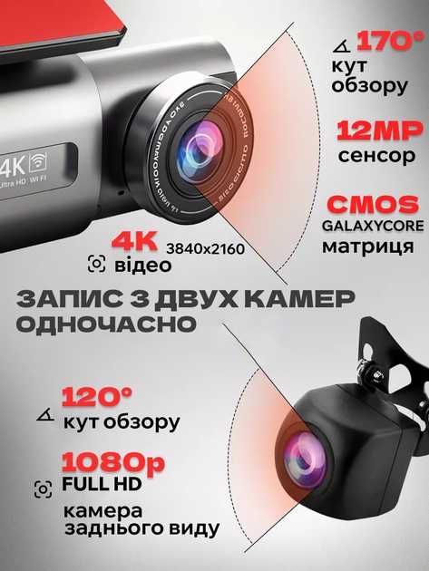 Відеореєстратор 4K UHD з двома камерами WiFi G-сенсор + MicroSD 64GB