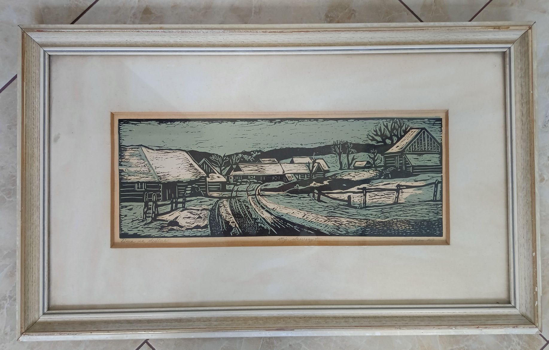 Linoryt unikat sygnowany "Zima w Dolinie" 60cm x 36cm