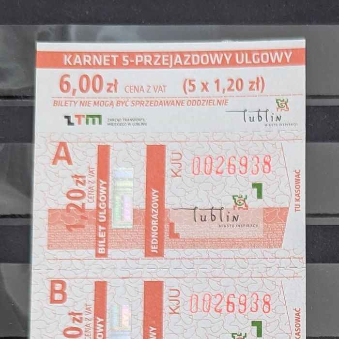 Bilety karnet Lublin MPK ZTM 2010 rok - nie skasowane