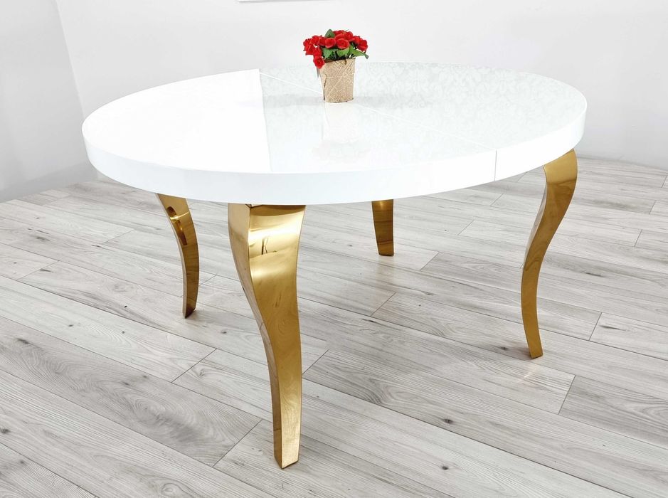 Stół Glamour rozkładany okrągły 130cm/160cm Ludwik GOLD/WHITE