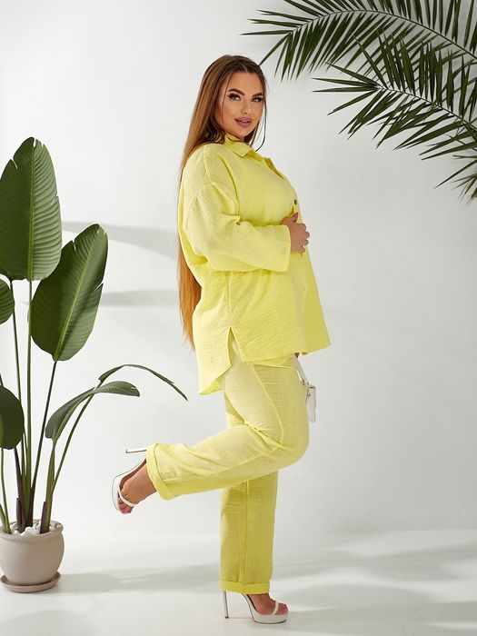 Лляний костюм двійка сорочка вільного крою штани висока талія