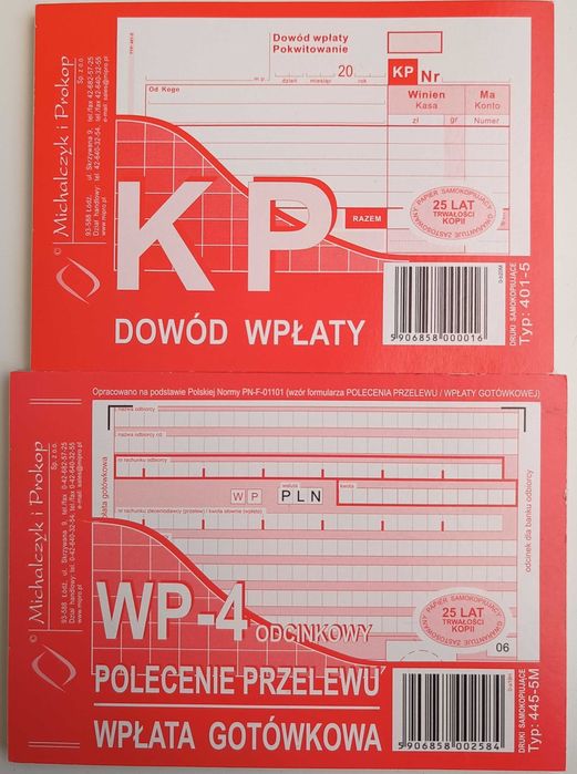 Druki 2 szt.: dowód wpłaty KP oraz Polecenie przelewu WP-4