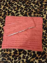 Розовый вязаный комплект шарф хомут и повязка на голову c&a