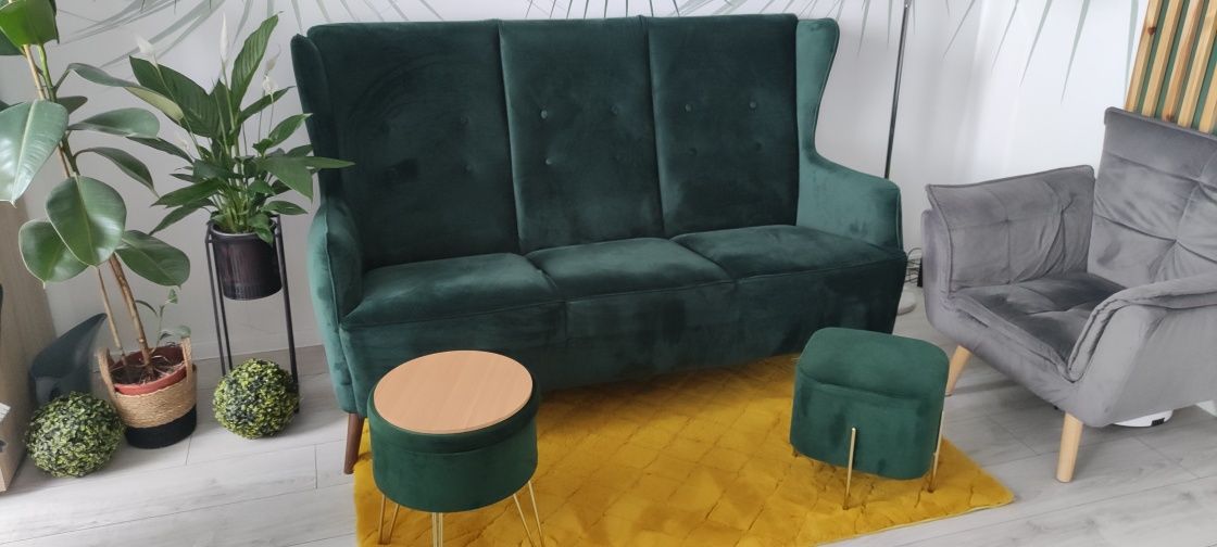 Sofa zieleń 175cm + pufki