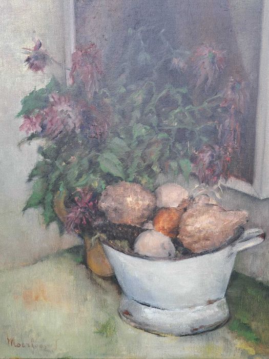 Obraz olejny - kompozycja z fioletowymi chryzantemami