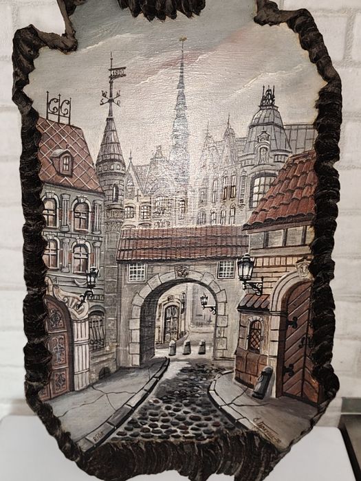 Obraz drewniany Gdańsk – rękodzieło vintage, sygnowany S. Larkusha