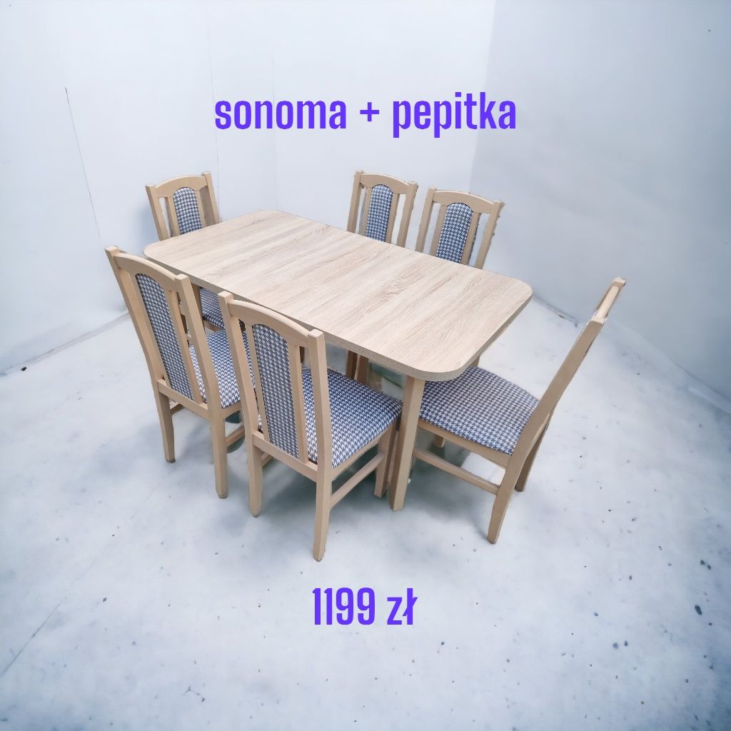 Nowe: Stół 80x140/180 + 6 krzeseł, sonoma + pepitka, dostawa PL