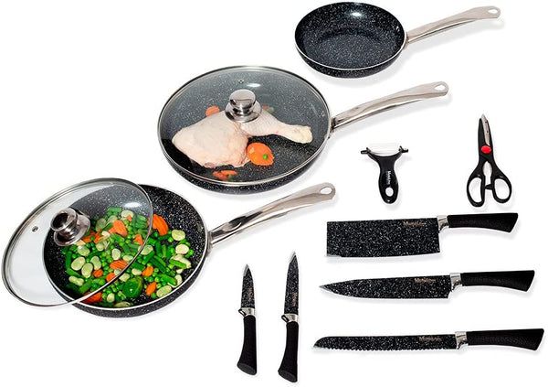 Conjunto de 3 frigideiras, 2 tampas de facas, tesouras de cor preta pe