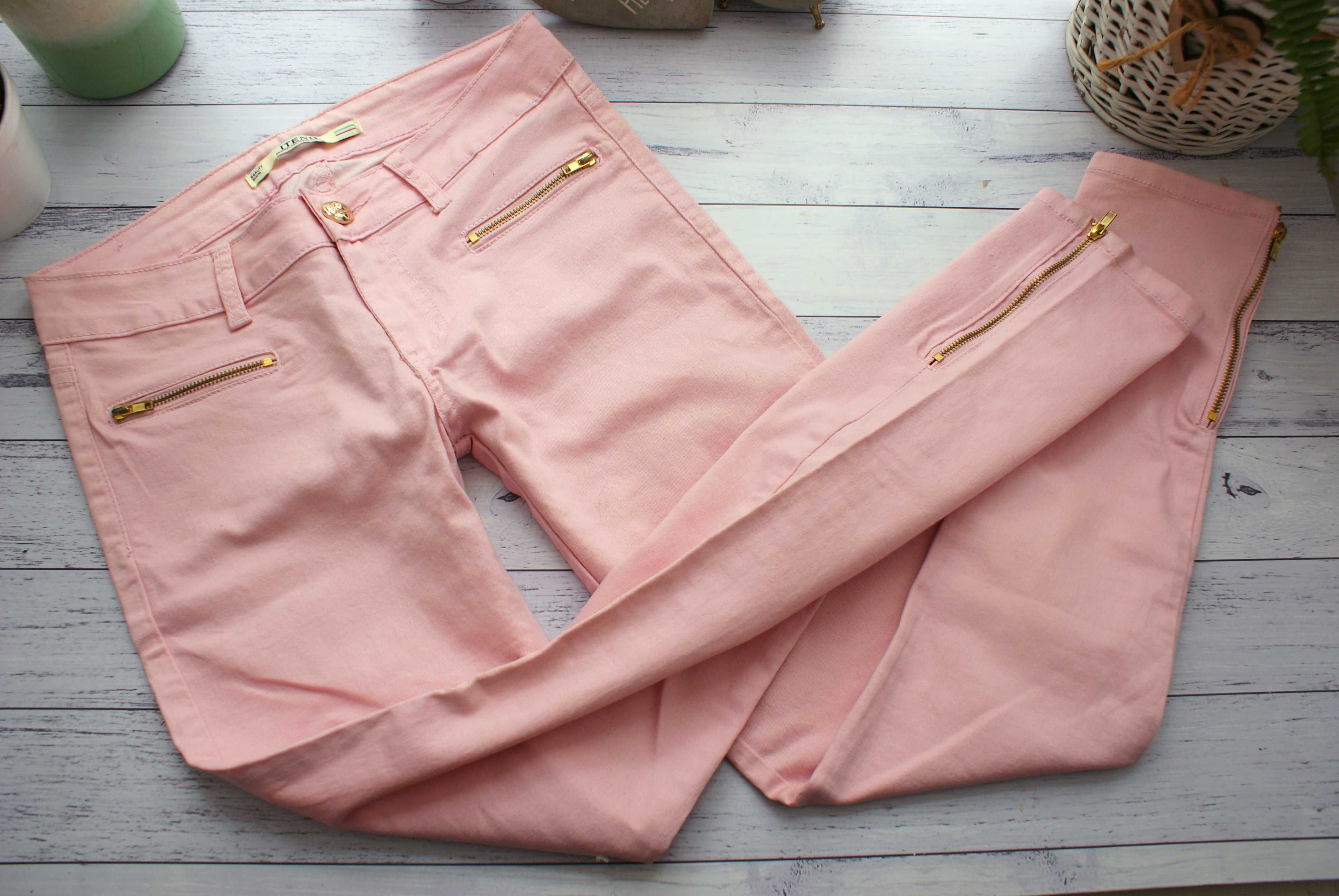Iteno spodnie wiosenne jeansy różowe róż złote zamki rurki skinny S/M