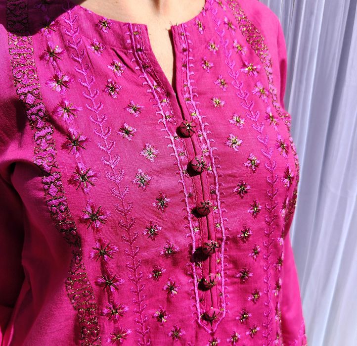 Różowa tunika boho S 36 bawełna róż złoto haft kameez hippie Bollywood