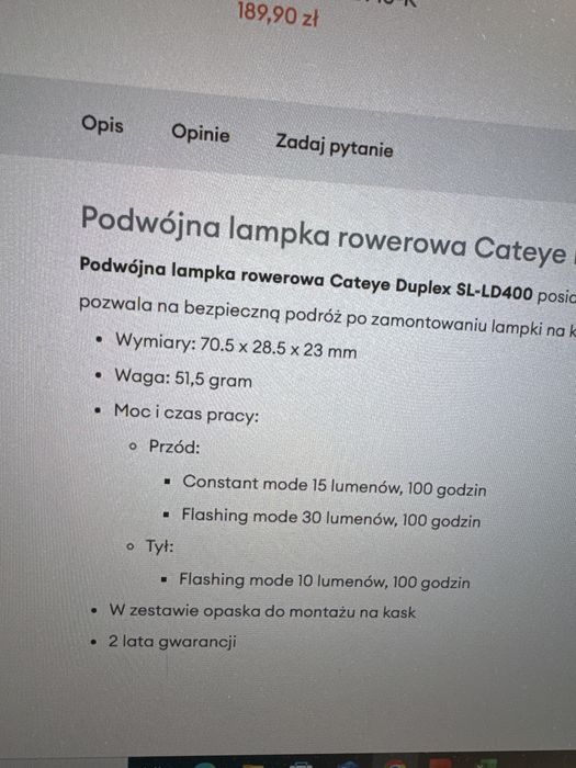 Lampka Cateye Duplex SL-LD400 na kask podwójna