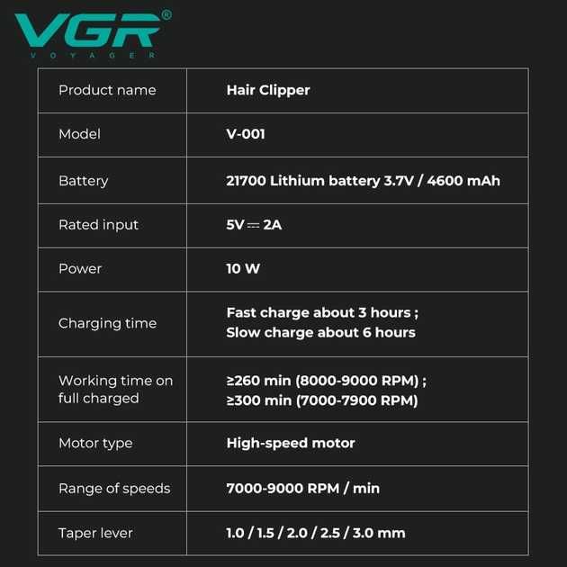 Аккумуляторная машинка для стрижки VGR V-001Black 4600mAh  LED display