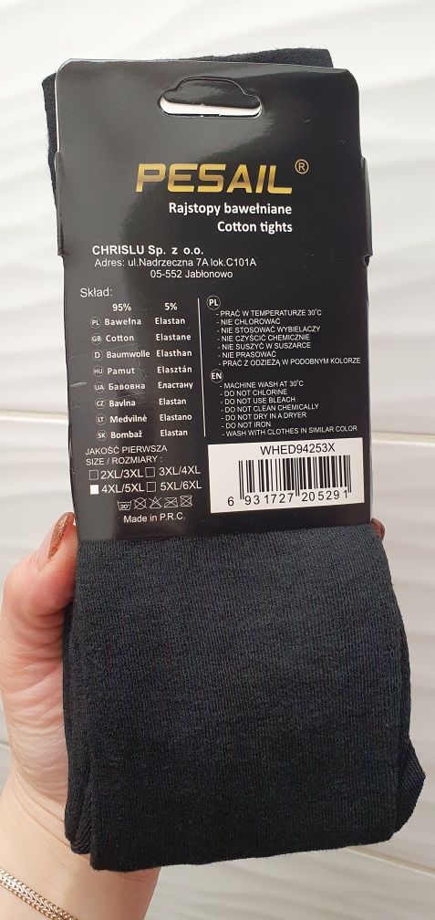 Czarne rajstopy bawełniane 95% bawełny ciepłe kryjące 4xl/5xl