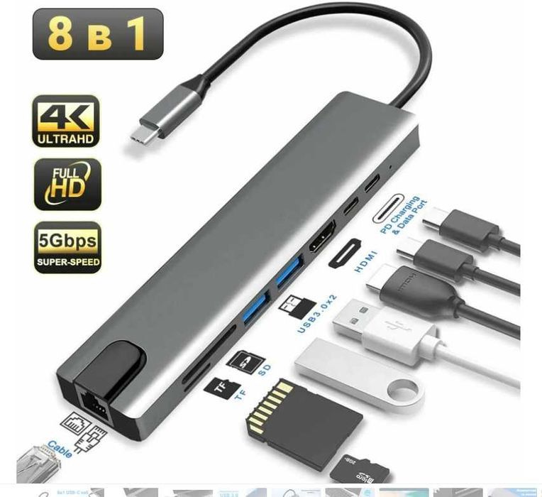 Док-станция 8-in-1 Type-C (HDMI/USBx2/RJ45/TypeC DATA/TypeC PD/SD/mSD)