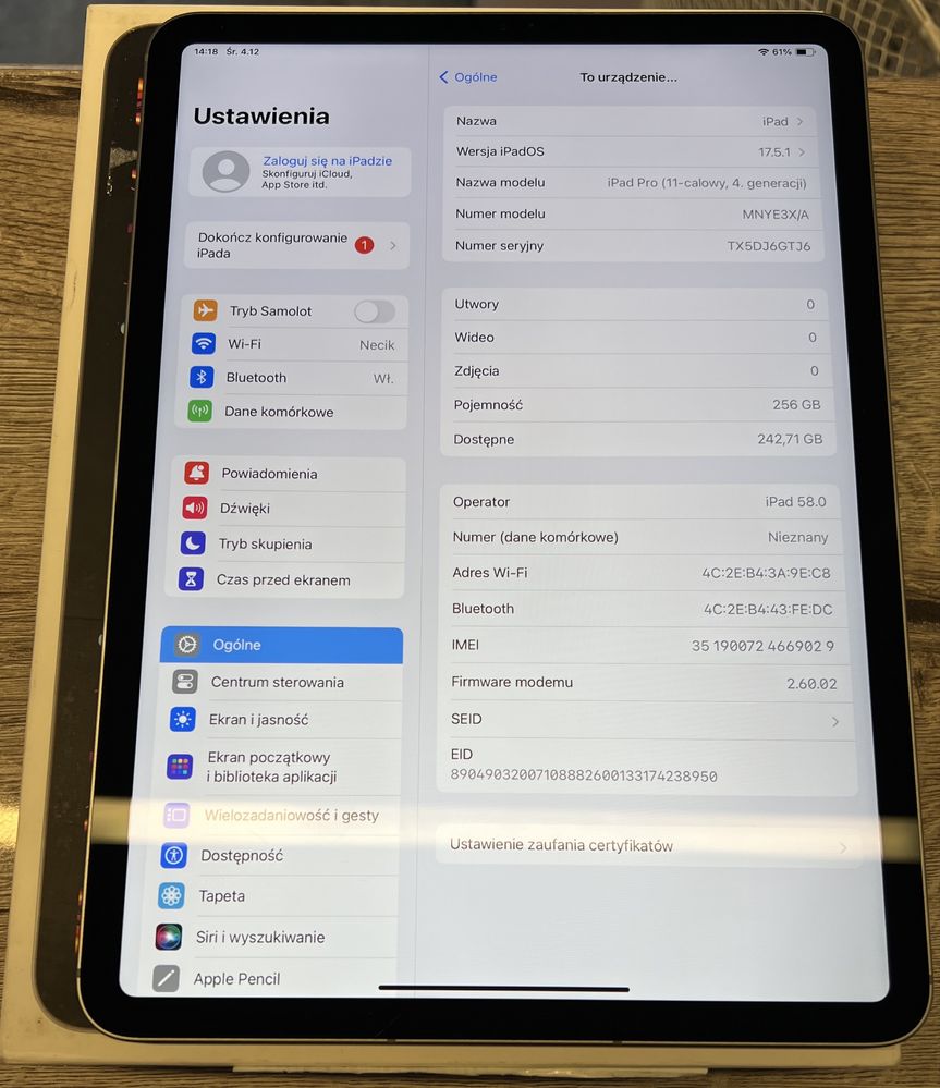 iPad Pro 11 4 Gen M2 256GB Bateria 100% Wifi+Cellular 5G Gwarancja