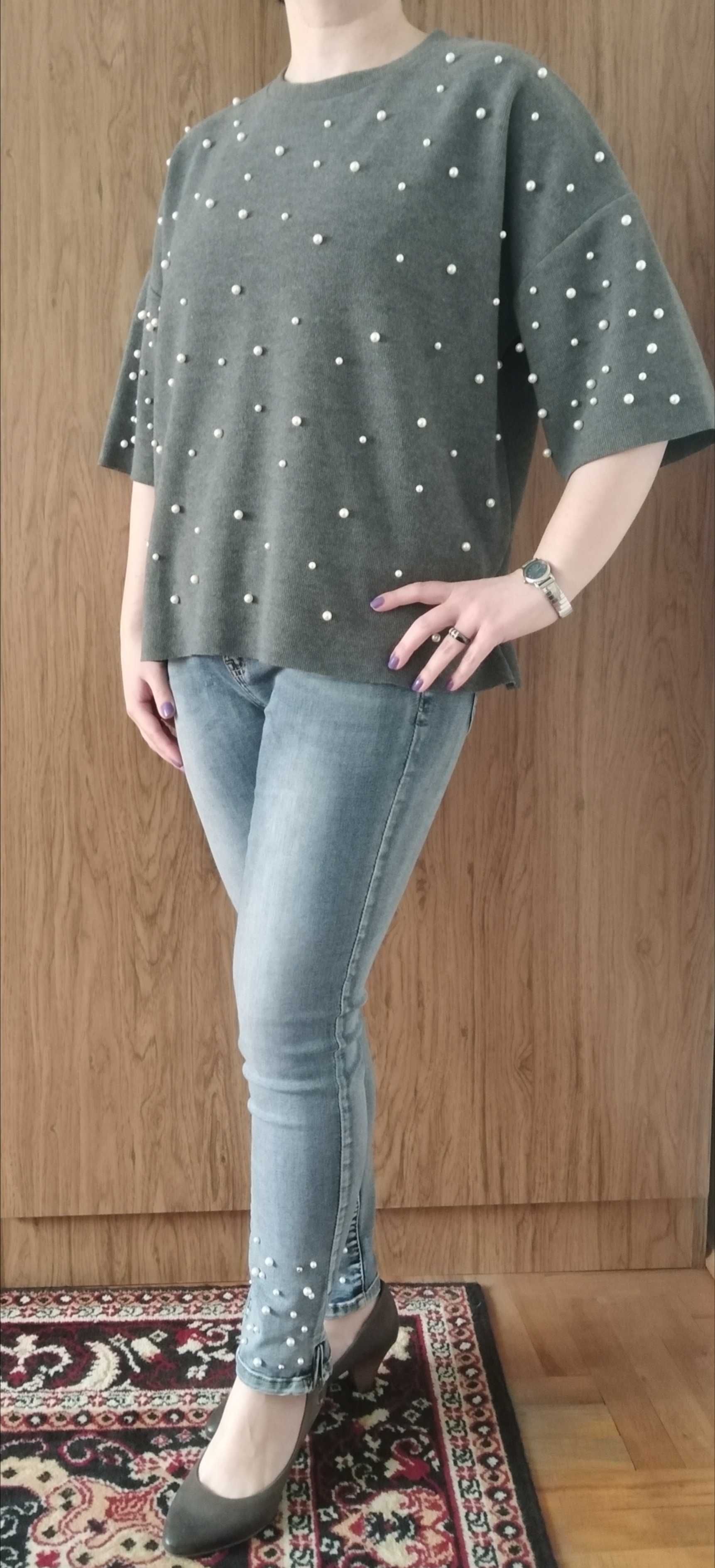 ZARA sweter sweterek oversize perełki perły szary 38 40 M L