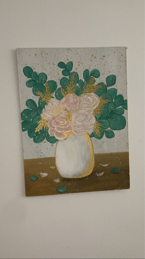 Quadro vaso de flores e folhas