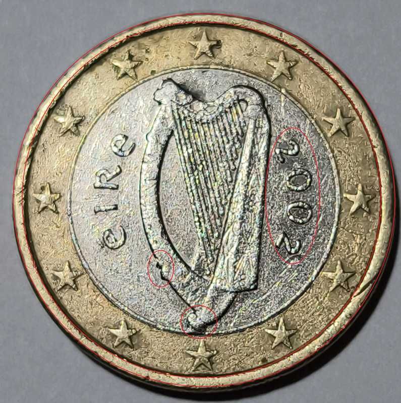 Moeda rara com erros de cunhagem de 2 eurosda Irlanda