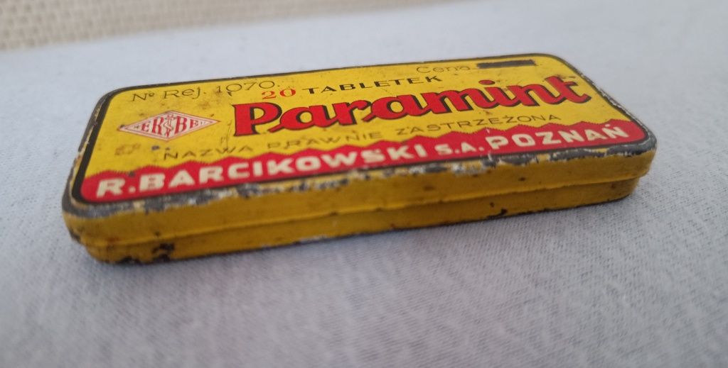 Paramint R. Barcikowski S.A. Poznań, przedwojenne opakowanie, metalowe