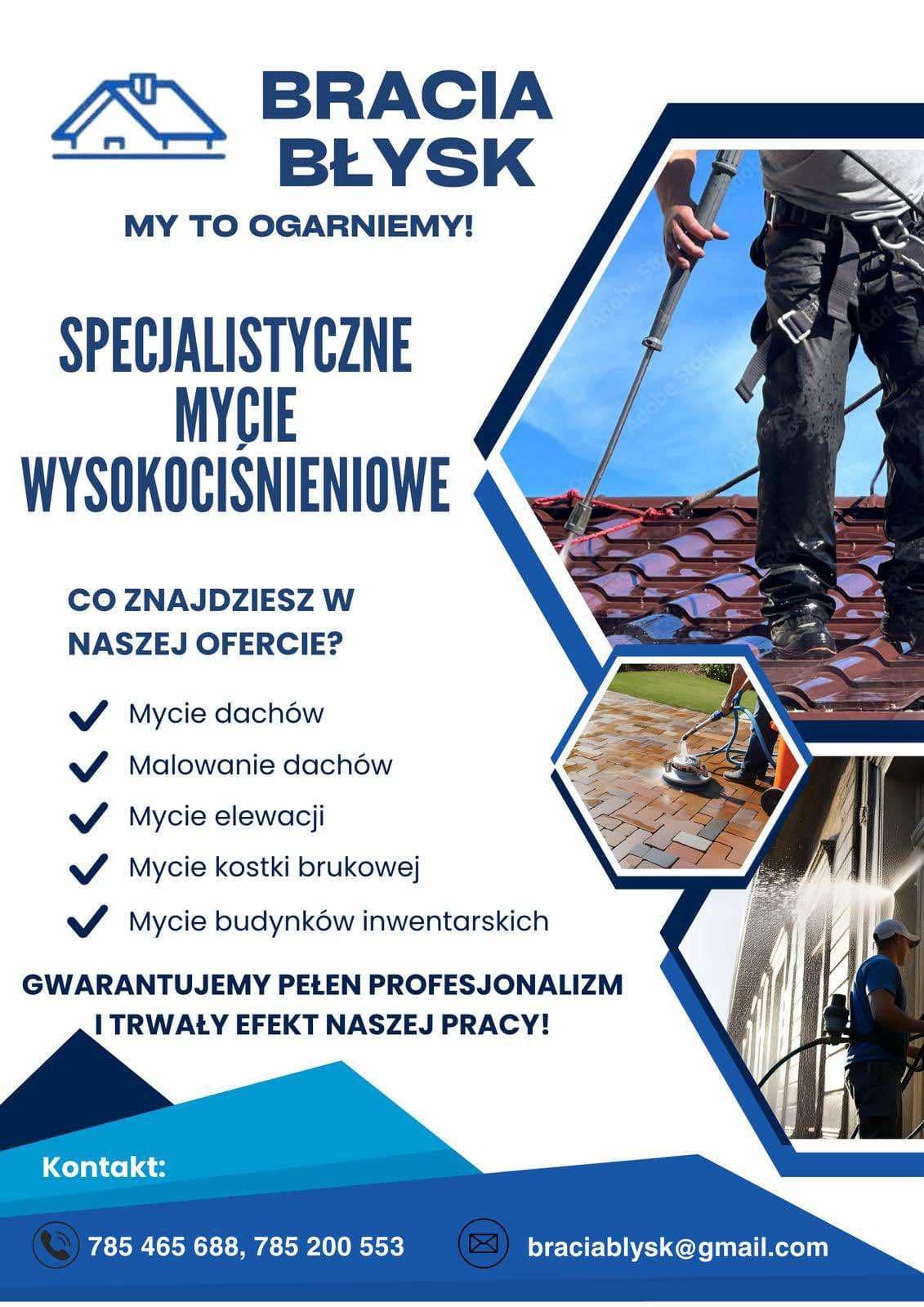 Mycie wysokocisnieniowe elewacji dachów i kostki brukowej.