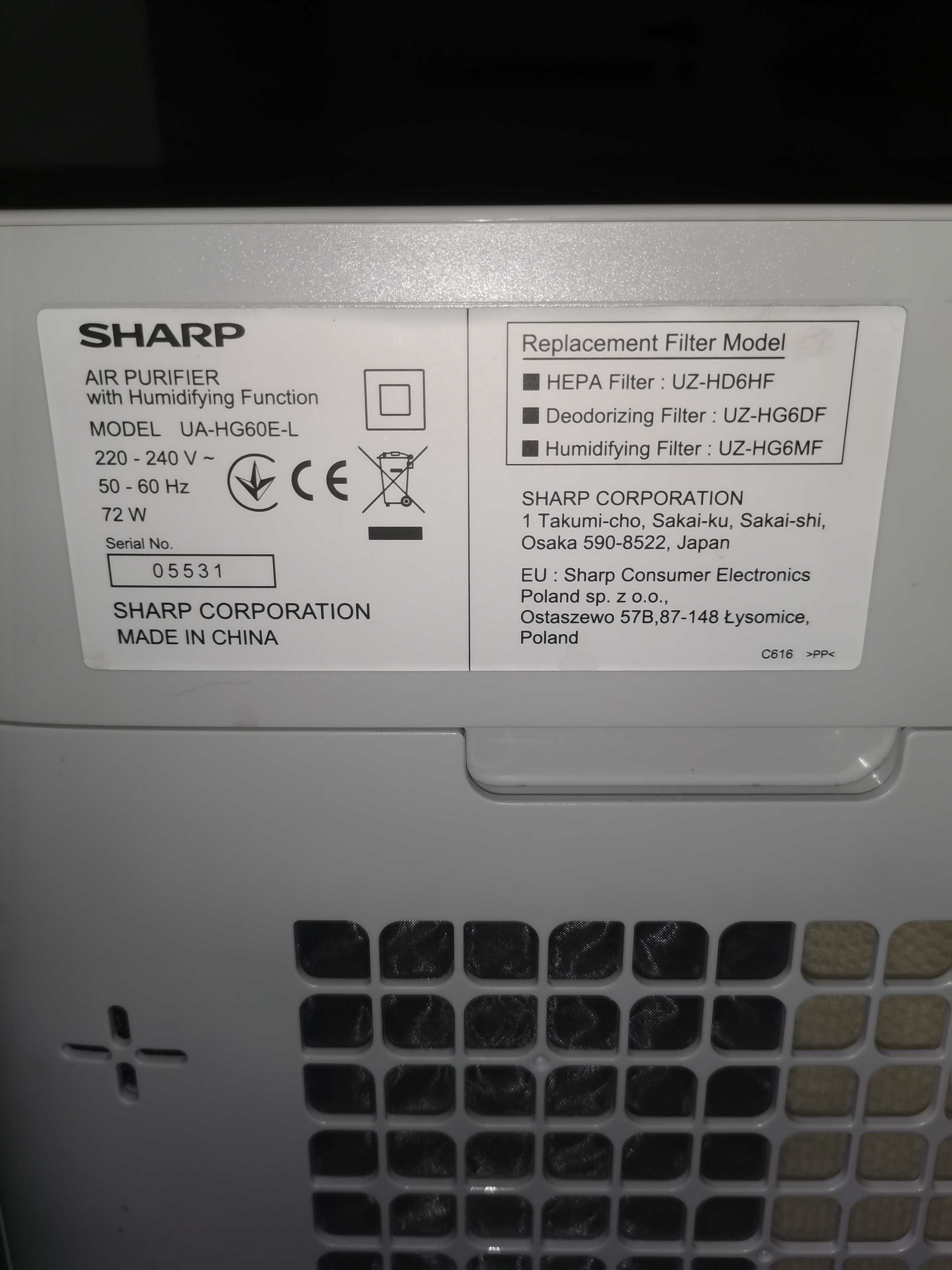 Oczyszczacz powietrza Sharp UA-HG60E-L Jonizacja Nawilżanie