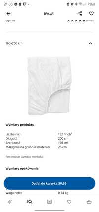 Prześcieradło 160 x 200 Ikea DVALA