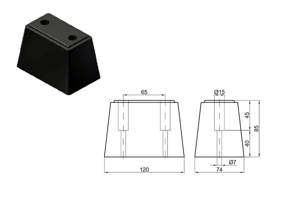 Odbój gumowy do przyczepy 12x7,5x8,5 cm - 2 otwory