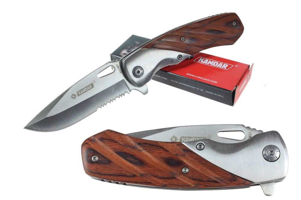 Nóż scyzoryk skladany myśliwski Kandar Drewno ZĘBY Liner-Lock KN24