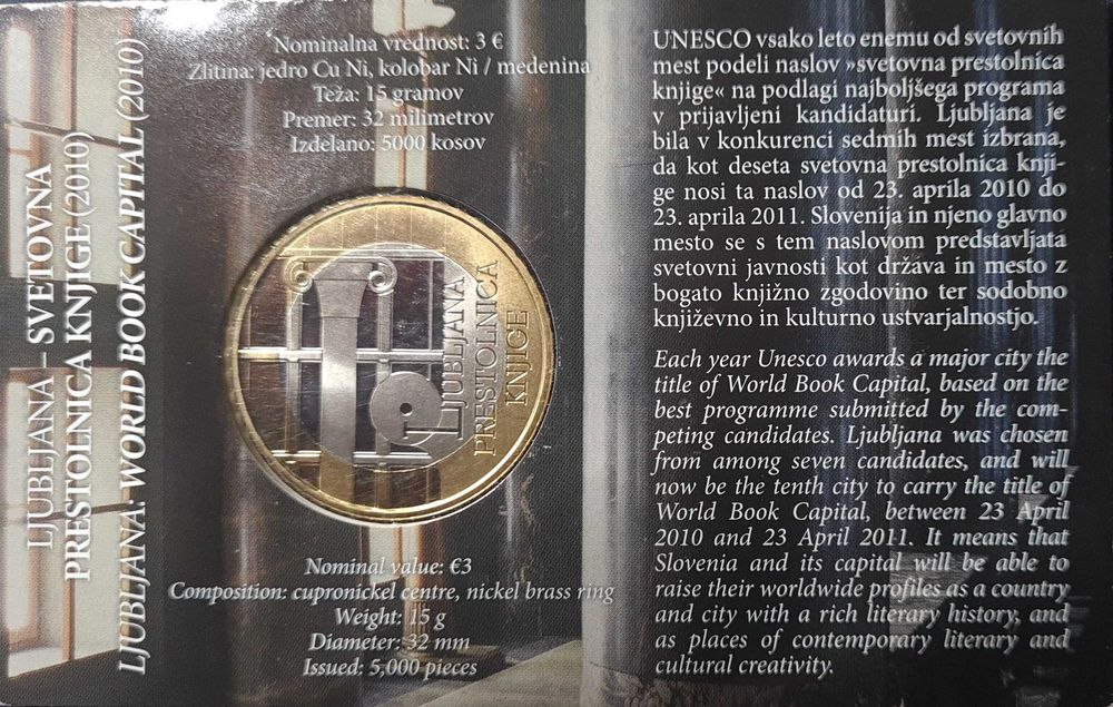 Coleção: Moeda Eslovénia 3 EUR - Coincard Ljubljana Cap. Livro (2010)