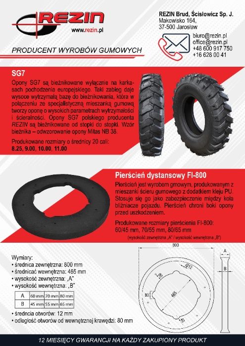 Opona przemysłowa budowlana SG7 8.25 - 20 REZIN POLSKA BIEŻNIKOWANA