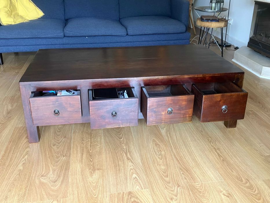 Mesa de café de mogno com 4 gavetas 135 x 76 cm largura 40 cm Cascais