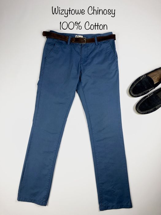 Niebieskie wizytowe spodnie materiałowe Chino Denim 100% bawelna