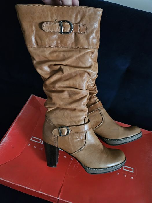 NOWE Kozaki skóra naturalna+ocieplenie wełniane camel brązowe platform