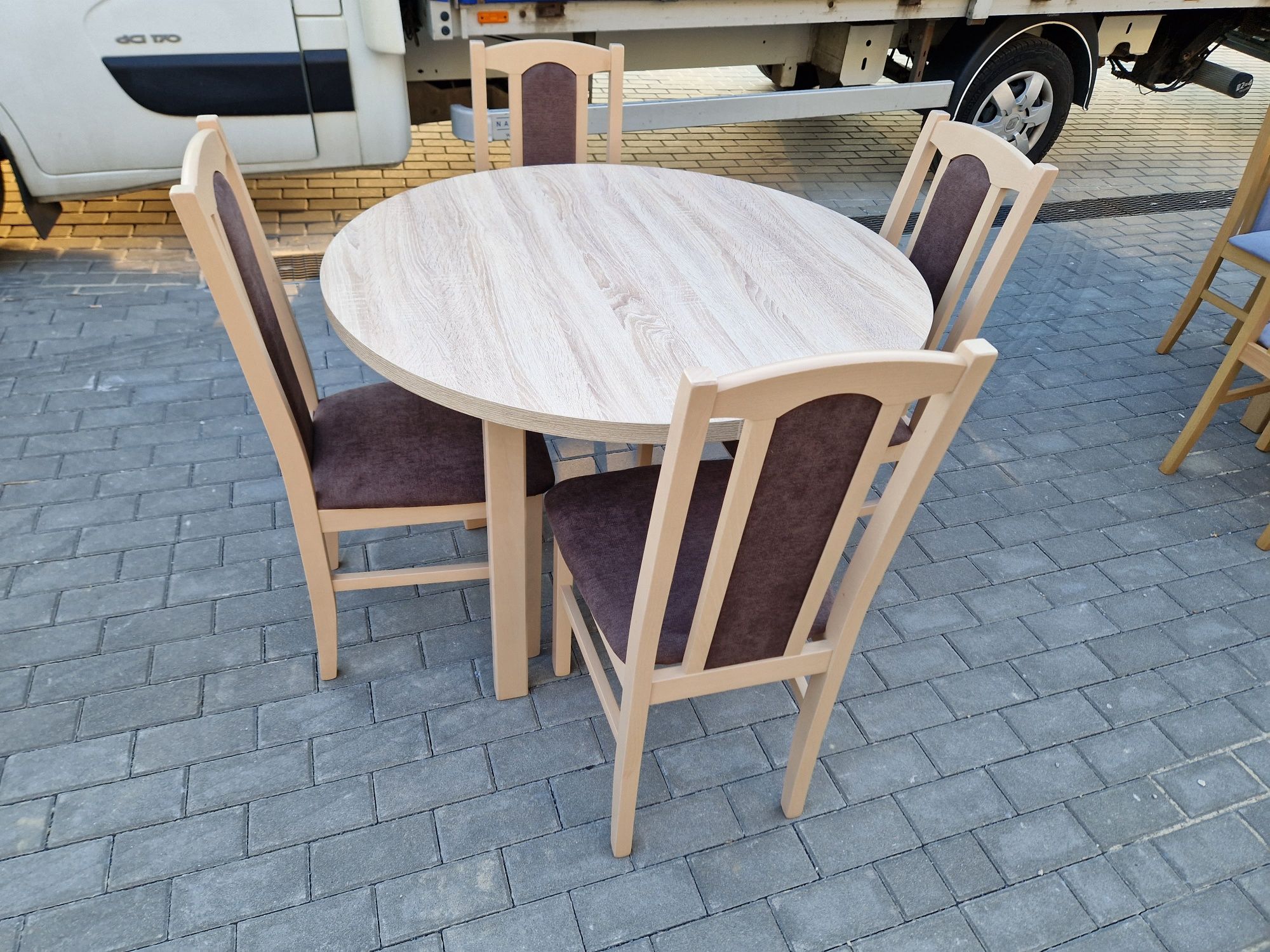 Nowe: Stół okrągły rozkładany + 4 krzesła, sonoma + brąz,  dostawa PL