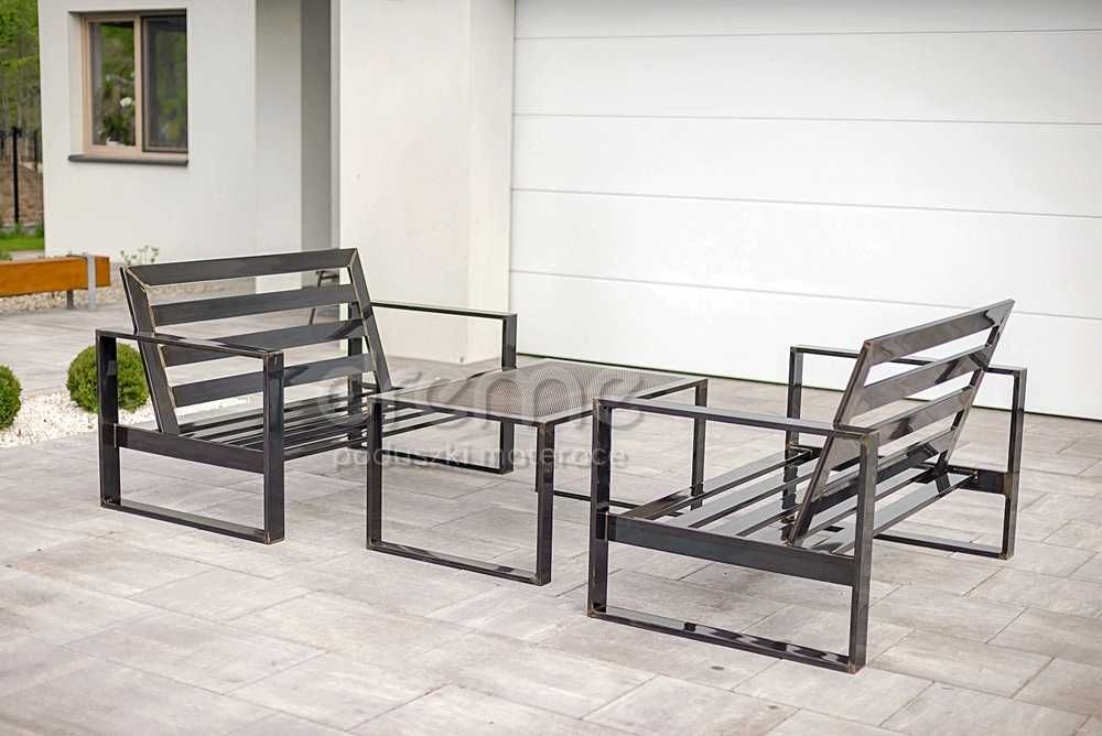 meble ogrodowe metalowe stalowe zestaw sofa kanapa stolik poduszki