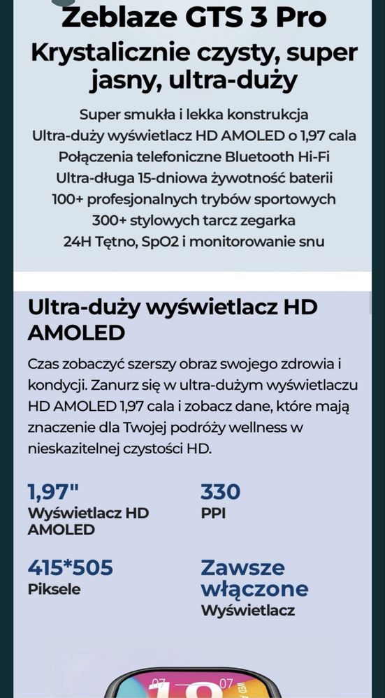 Smartwatch Zeblaze GTS 3 PRO oled pulsometr krokomierz nowy